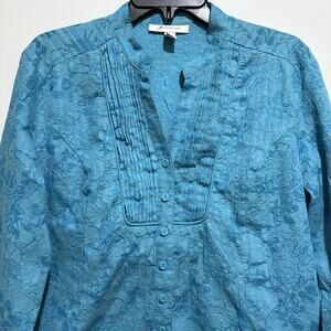 JM Collection Blouse 10 Blue Teal Floral Crinkle Pleated Tunic 3/4 Sleeve Top